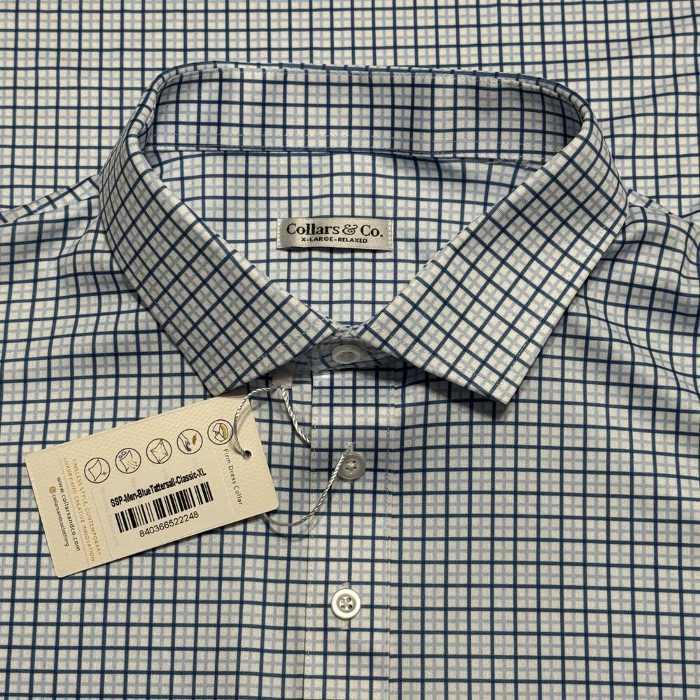 COLLARS & CO Performance Polo XL Relaxed Blue Tattersall Semi Spread Collar NWT - Picture 6 of 8
